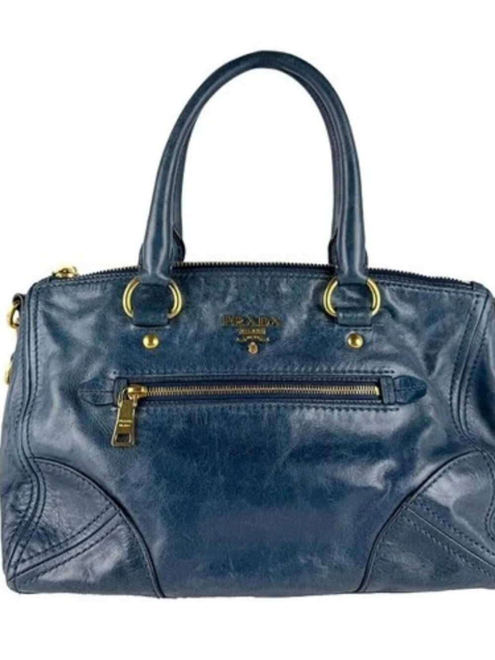 Auth PRADA Shoulder Bag Handbag Green Navy Leather/Goldtone - z10889
